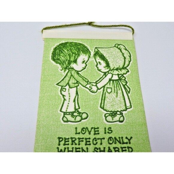 Vtg Love Perfect Only When Shared Boy Girl Green Raised Plastic Mini 4x6" Sign - Picture 3 of 5